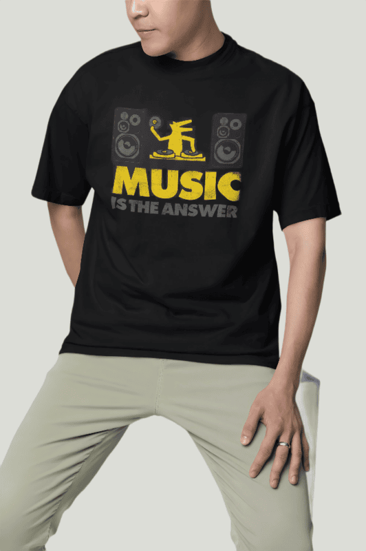 Music is the Answer Black printed Oversized t-shirt